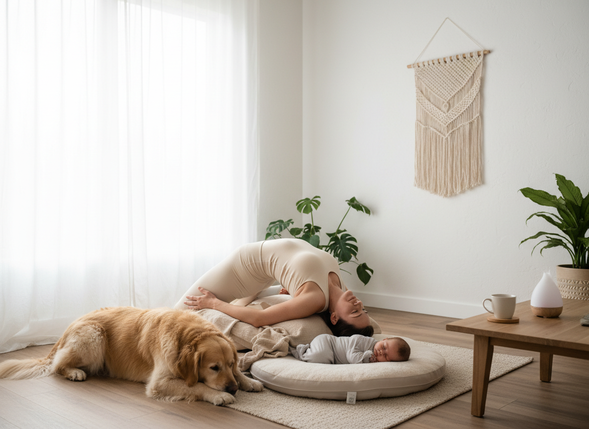 Jeune maman pratiquant le yoga post-natal dans un moment de recuperation
