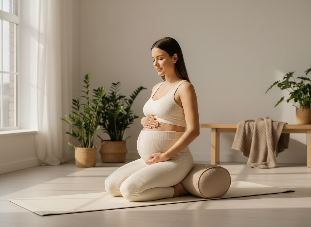 Femme enceinte pratiquant le yoga prenatal dans une posture adaptee