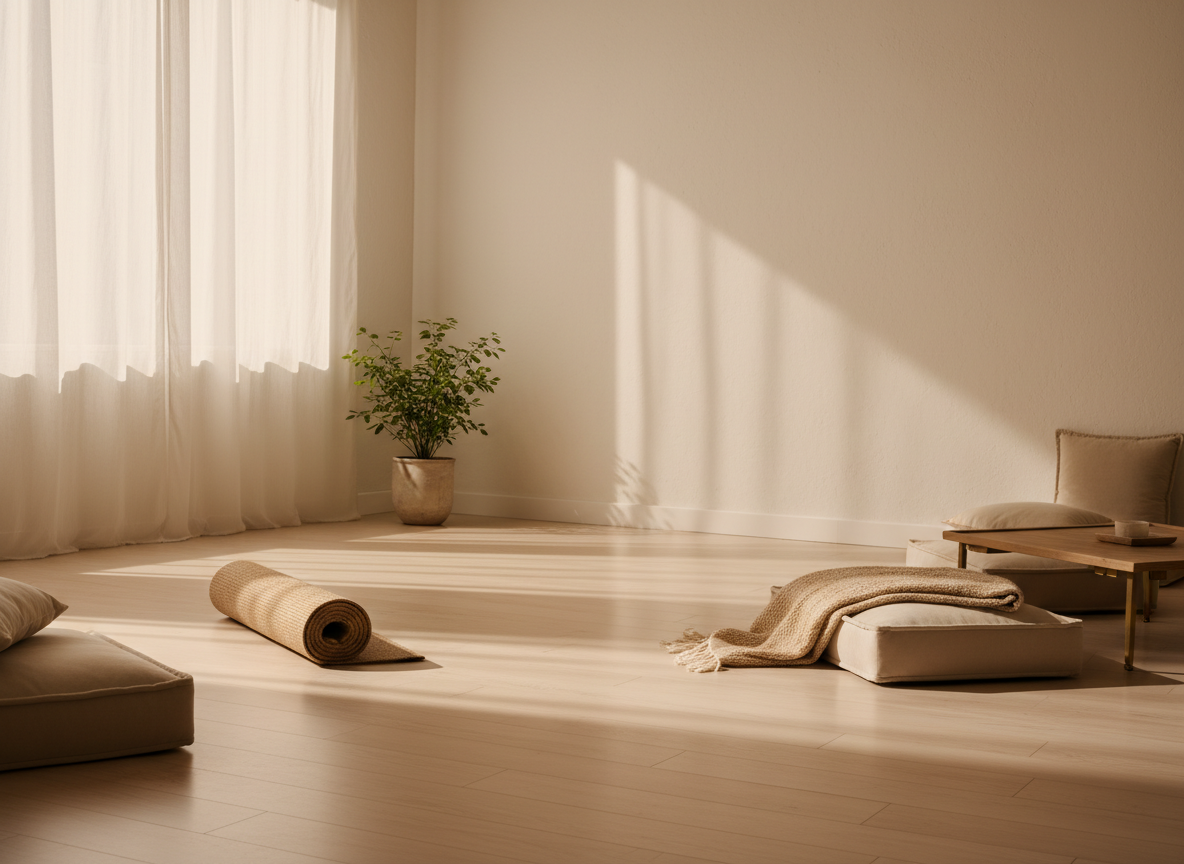 Un studio de yoga doux et lumineux, tapis roulé et petite plante sur un sol en bois clair, atmosphère crème et apaisante